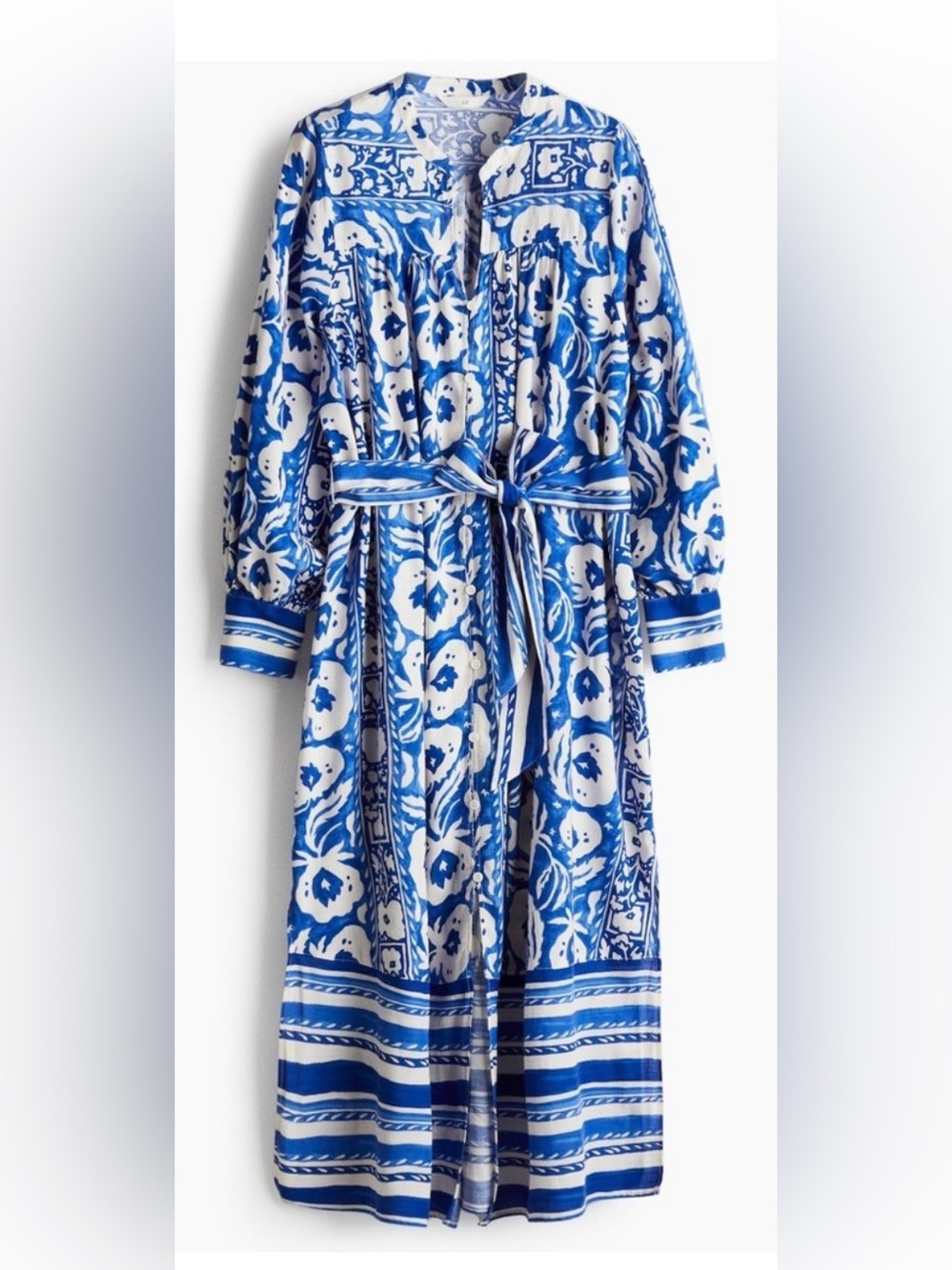 H&M Blue and White Floral Tie-Waist Maxi Dress with Striped Hem